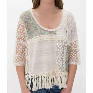 Nick & Mo Ivory Fringe Top Boho Shirt Size Medium